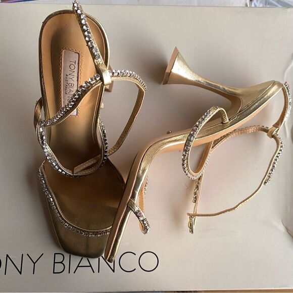 Tony Bianco Shy high heels shoes gold metallic rhinestone strappy Revolve Sz 8 - Picture 7 of 15